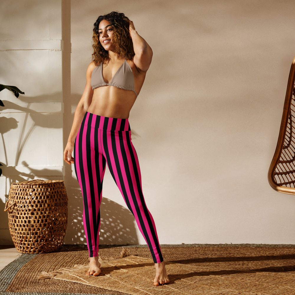 Pink Magenta and Black Stripes Pirate Witch Goth Costume Striped Yoga Leggings - Image 2