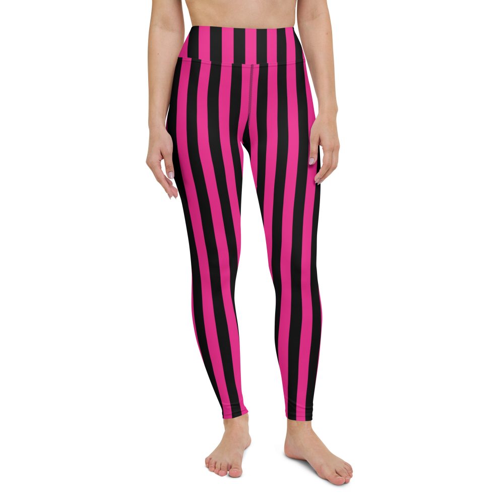 Pink Magenta and Black Stripes Pirate Witch Goth Costume Striped Yoga Leggings - Image 5