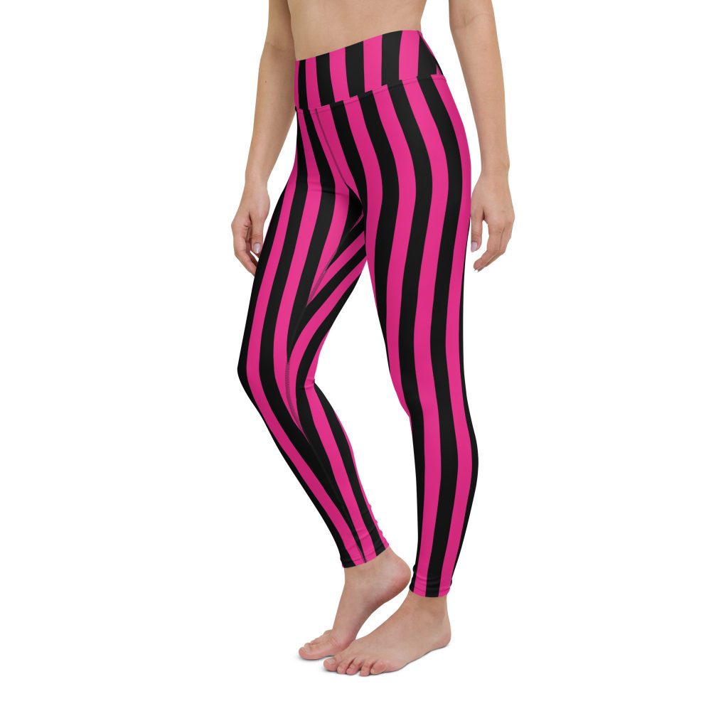 Pink Magenta and Black Stripes Pirate Witch Goth Costume Striped Yoga Leggings - Image 6