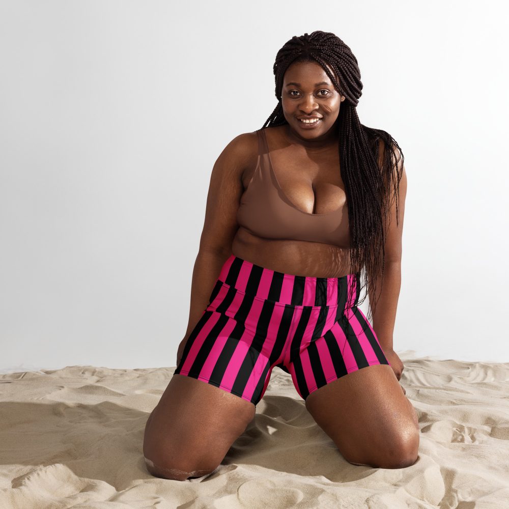 Pink Magenta and Black Stripes Pirate Witch Goth Costume Striped Yoga Shorts - Image 4