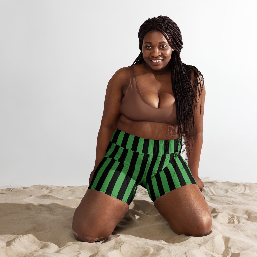 Green and Black Stripes Halloween Witch Pirate Costume Striped Yoga Shorts - Image 4