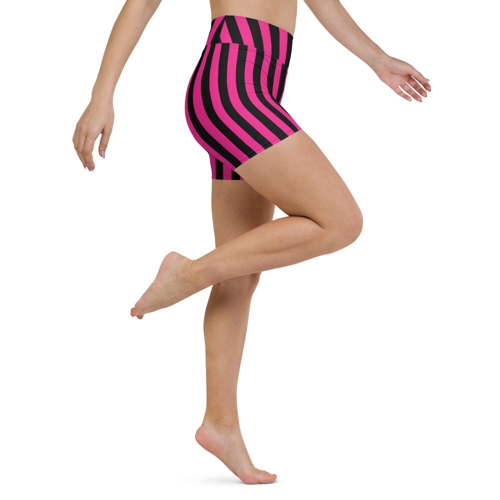 Pink Magenta and Black Stripes Pirate Witch Goth Costume Striped Yoga Shorts - Image 8