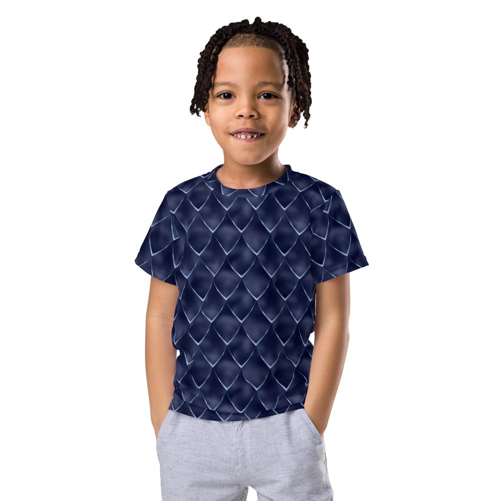 Dragon Cosplay Costume Navy Blue Scales Kids crew neck t-shirt - Image 2