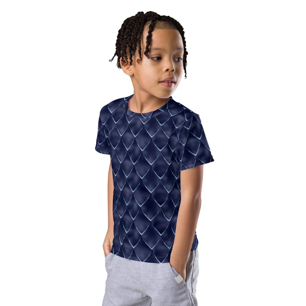Dragon Cosplay Costume Navy Blue Scales Kids crew neck t-shirt - Image 3
