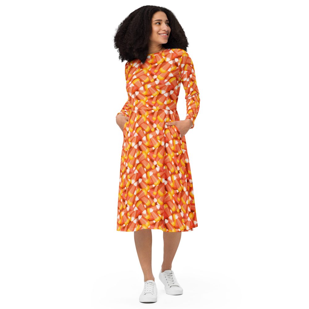 Candy Corn Halloween Trick Or Treat Cosplay Costume Long Sleeve Midi Dress