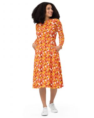 Candy Corn Halloween Trick Or Treat Cosplay Costume Long Sleeve Midi Dress