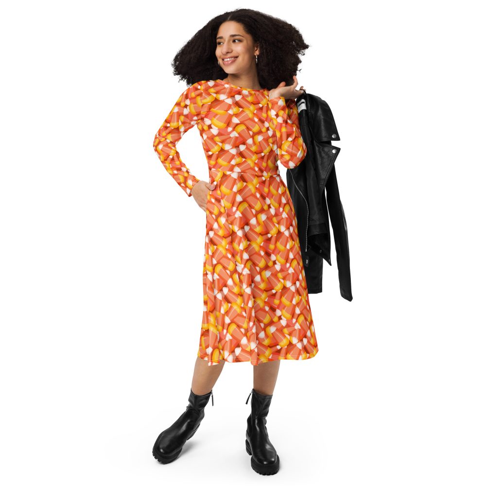Candy Corn Halloween Trick Or Treat Cosplay Costume Long Sleeve Midi Dress - Image 2