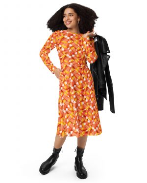 Candy Corn Halloween Trick Or Treat Cosplay Costume Long Sleeve Midi Dress