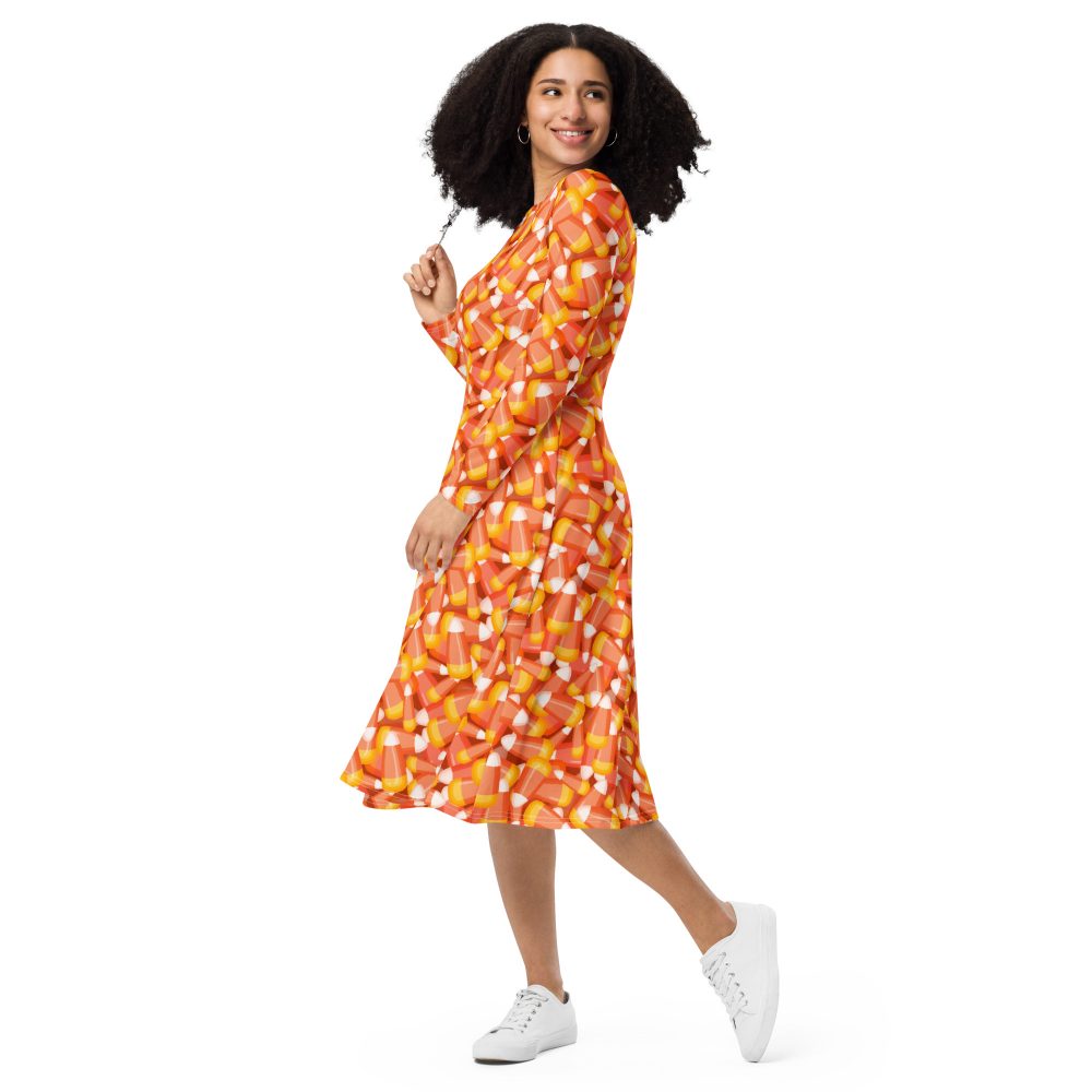 Candy Corn Halloween Trick Or Treat Cosplay Costume Long Sleeve Midi Dress - Image 5