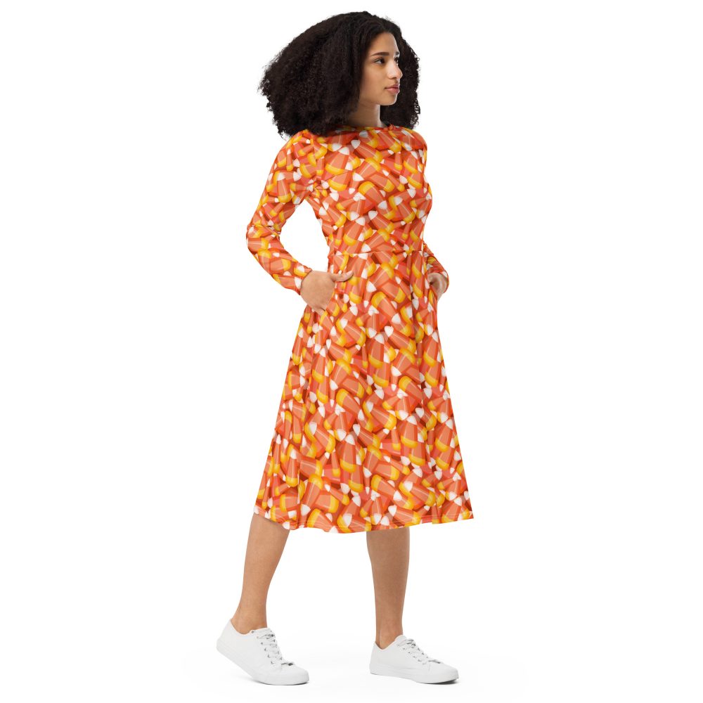 Candy Corn Halloween Trick Or Treat Cosplay Costume Long Sleeve Midi Dress - Image 4