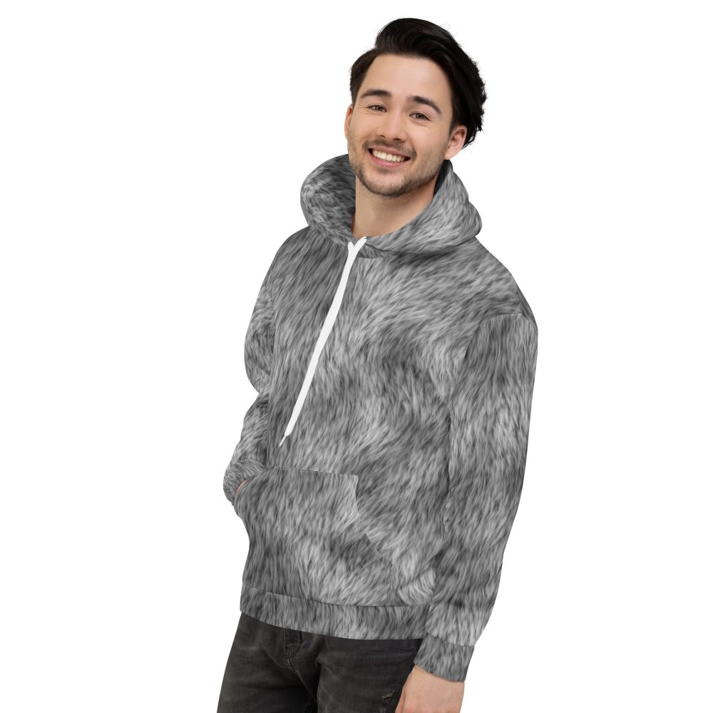 Grey Fur Print Wolf Dog Cat Costume Unisex Hoodie - Image 7