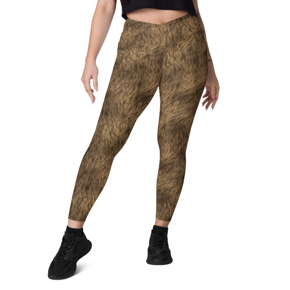 Brown Fur Print Bear Dog Cat Costume Crossover leggings with pockets - Image 4