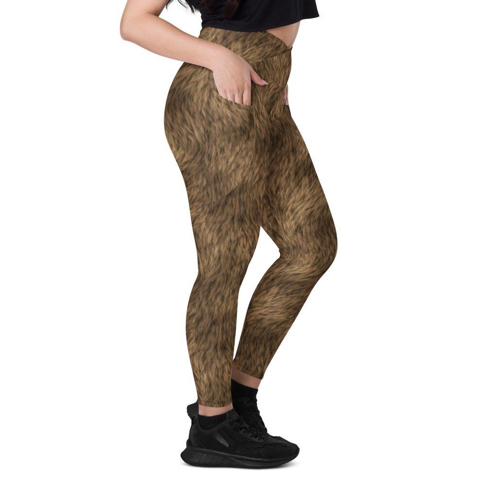 Brown Fur Print Bear Dog Cat Costume Crossover leggings with pockets
