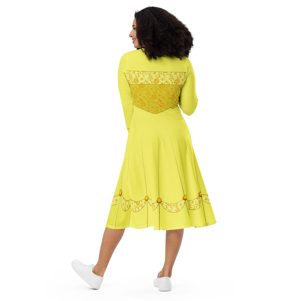 Princess Belle Costume Beauty And The Beast Halloween Cosplay Long Sleeve Midi Dress - Image 7