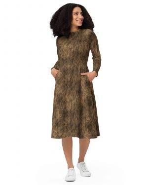 Brown Fur Print Bear Dog Cat Costume Long sleeve midi dress