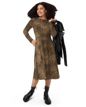 Brown Fur Print Bear Dog Cat Costume Long sleeve midi dress