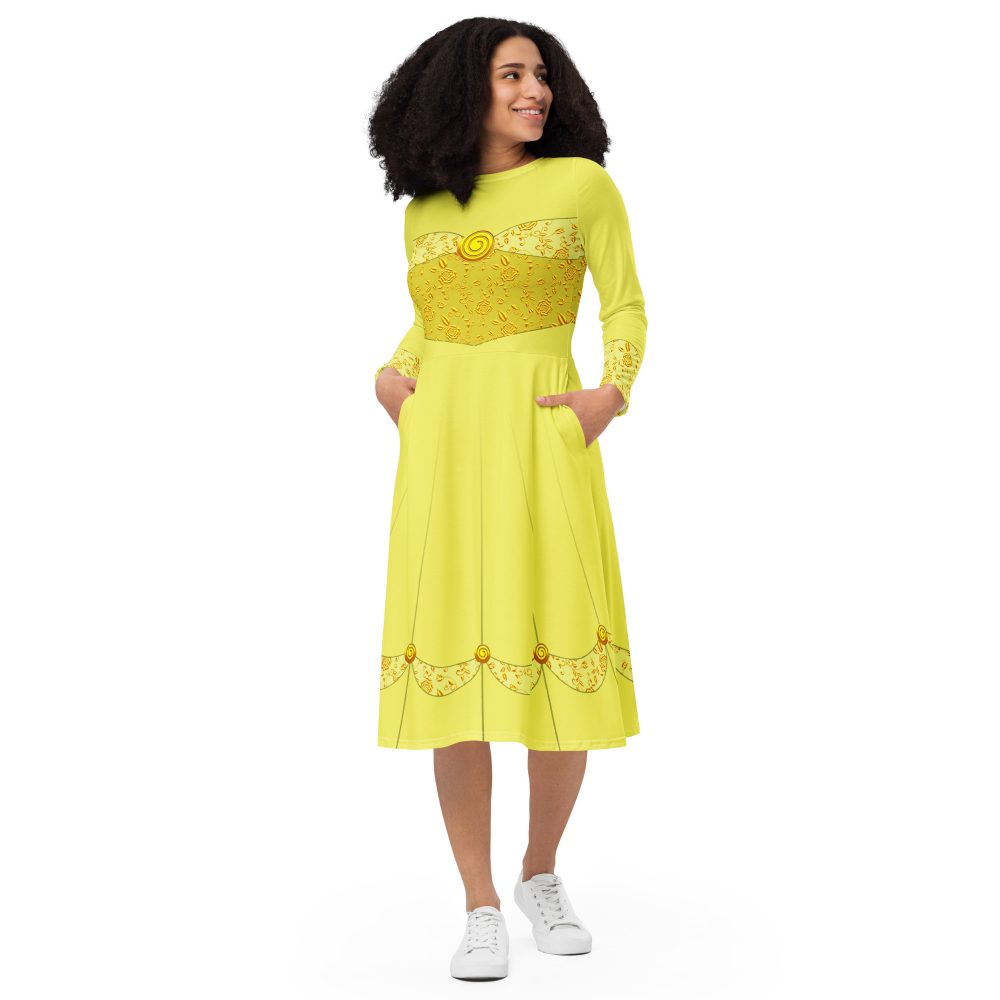 Princess Belle Costume Beauty And The Beast Halloween Cosplay Long Sleeve Midi Dress
