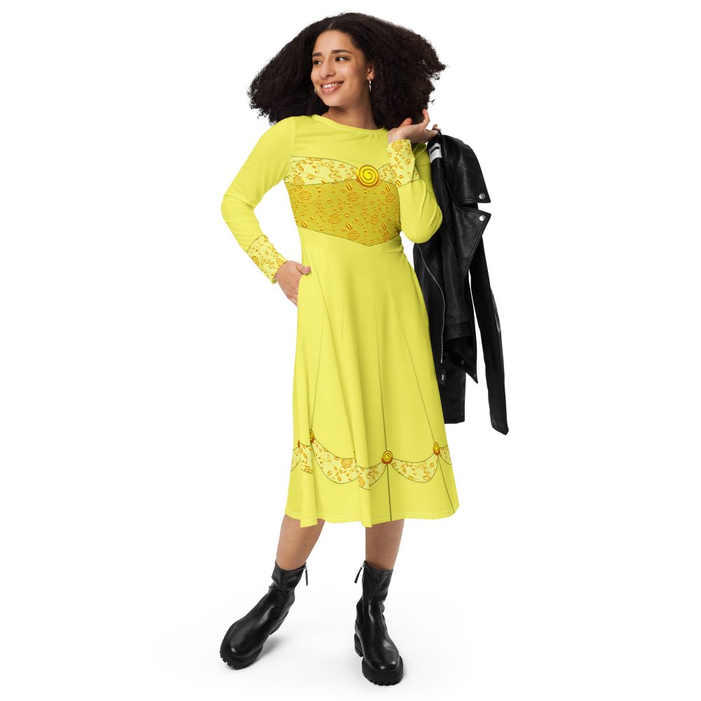 Princess Belle Costume Beauty And The Beast Halloween Cosplay Long Sleeve Midi Dress - Image 2