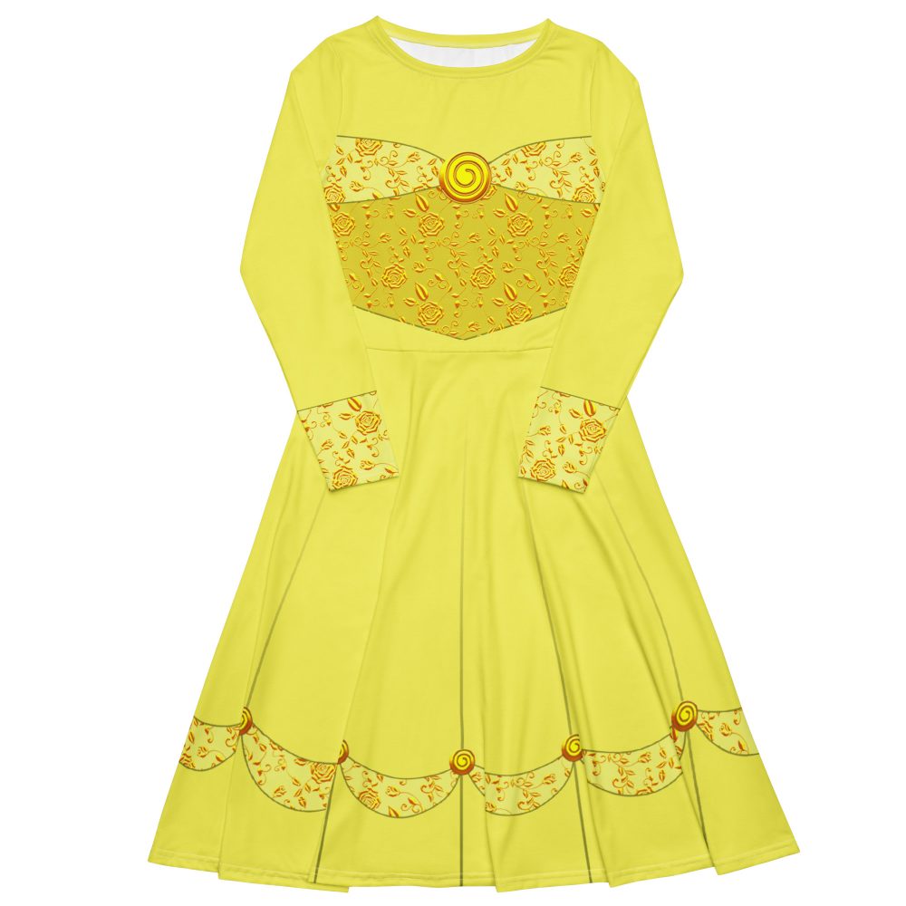 Princess Belle Costume Beauty And The Beast Halloween Cosplay Long Sleeve Midi Dress - Image 3