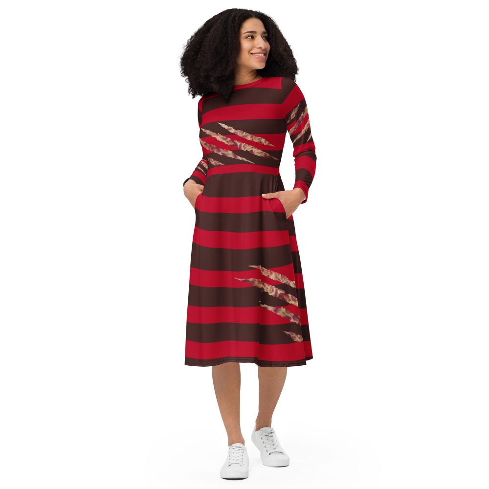 Freddy Kreuger Halloween Cosplay Long Sleeve Midi Dress