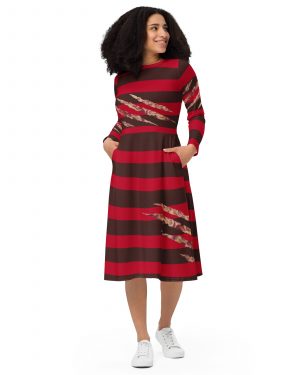 Freddy Kreuger Halloween Cosplay Long Sleeve Midi Dress