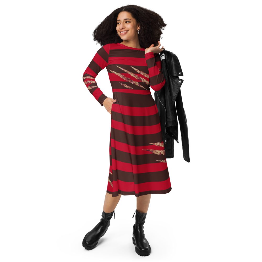 Freddy Kreuger Halloween Cosplay Long Sleeve Midi Dress - Image 2