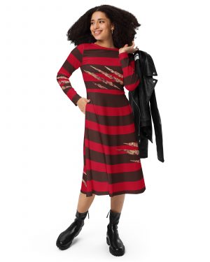 Freddy Kreuger Halloween Cosplay Long Sleeve Midi Dress