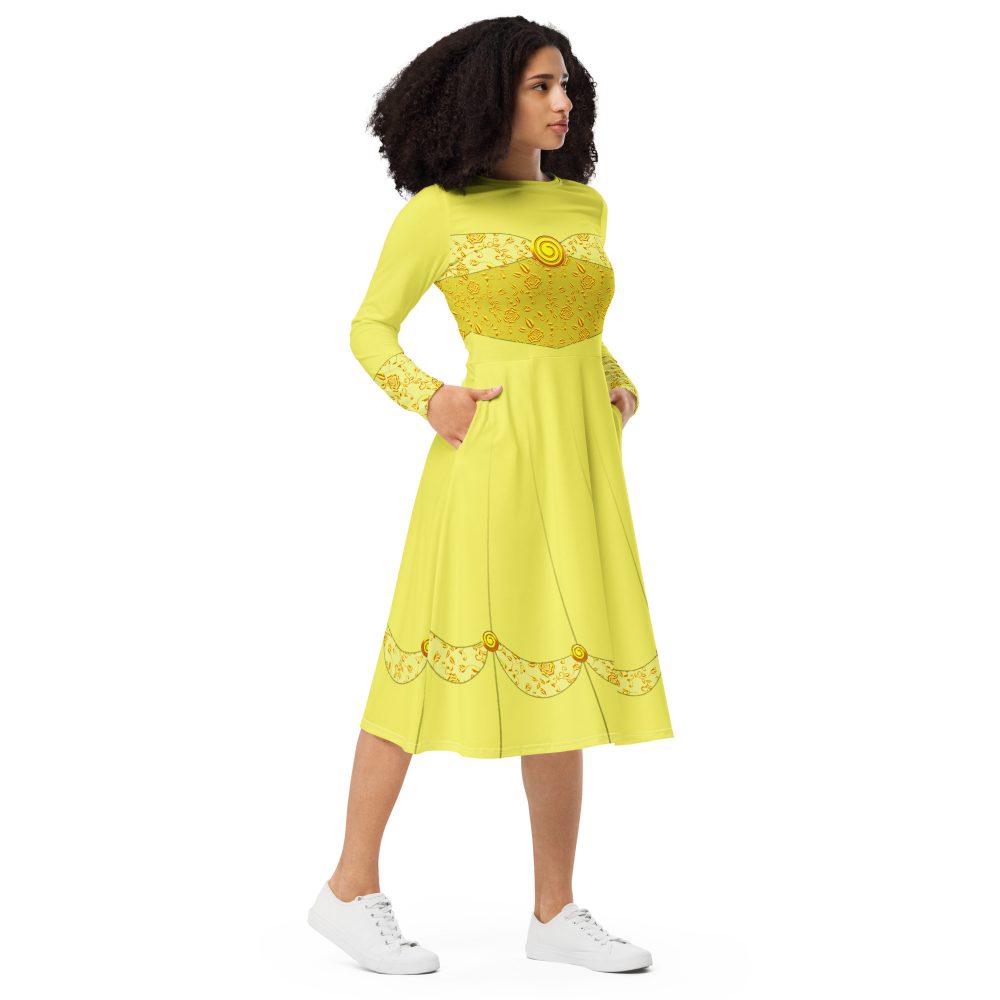 Princess Belle Costume Beauty And The Beast Halloween Cosplay Long Sleeve Midi Dress - Image 8