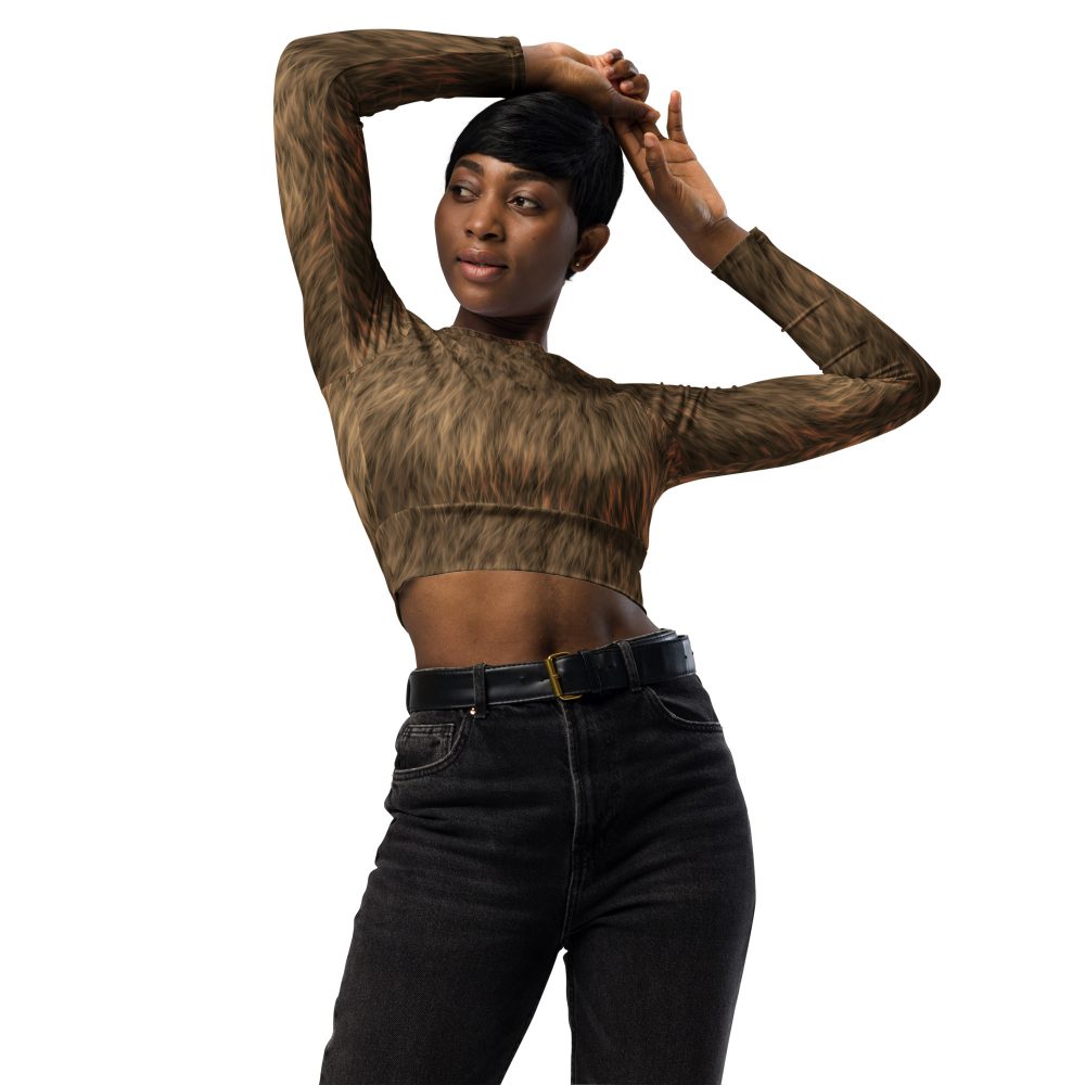 Brown Fur Print Bear Dog Cat Costume Long-Sleeve Crop Top