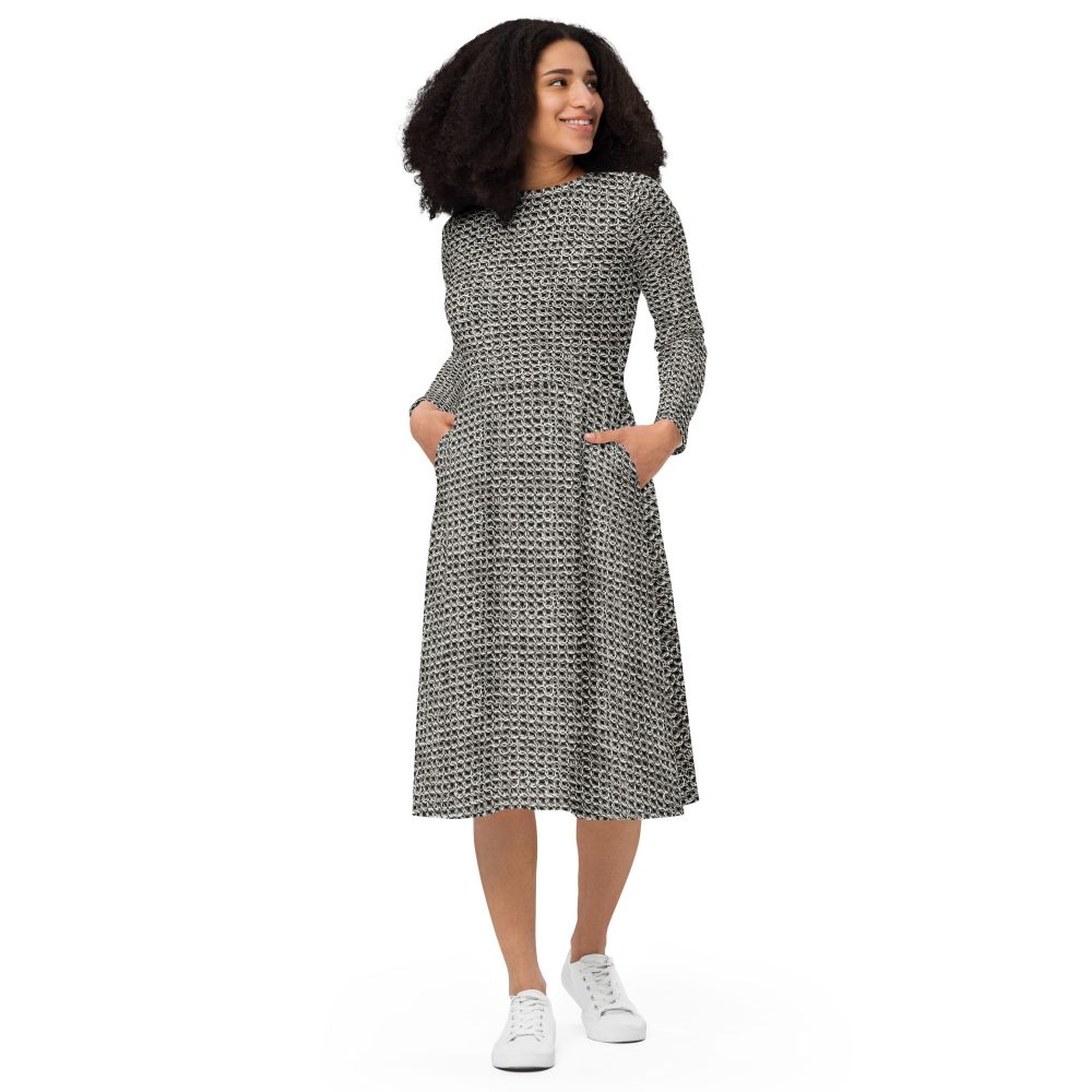 Medieval Chainmail Armor Print Long Sleeve Midi Dress
