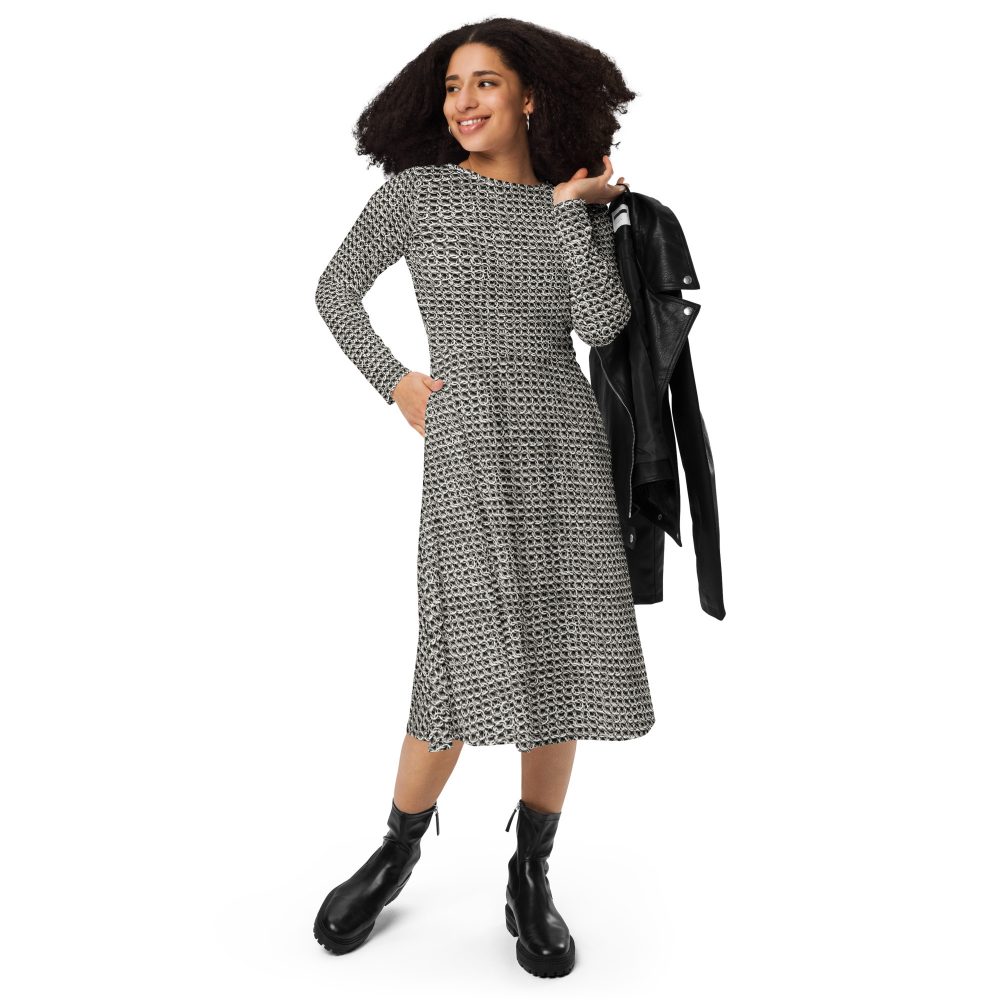 Medieval Chainmail Armor Print Long Sleeve Midi Dress - Image 2