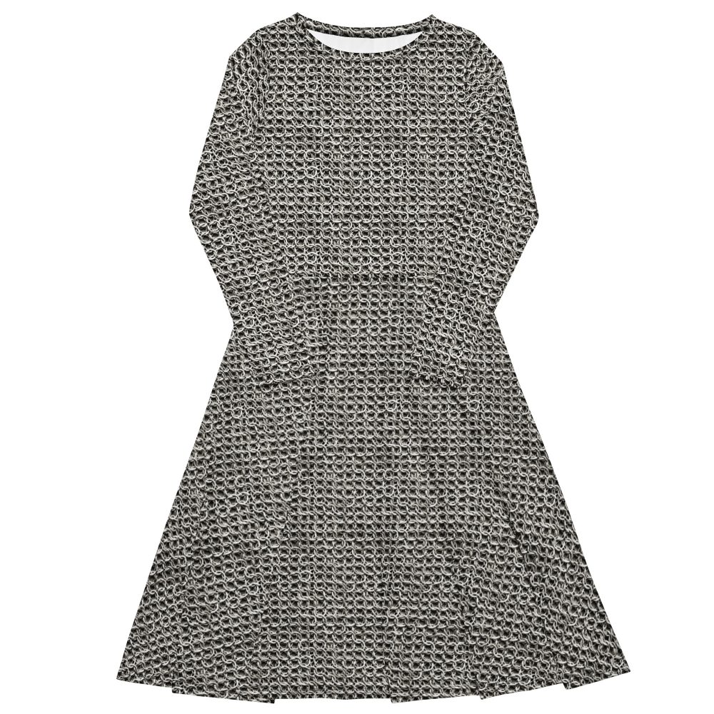 Medieval Chainmail Armor Print Long Sleeve Midi Dress - Image 3