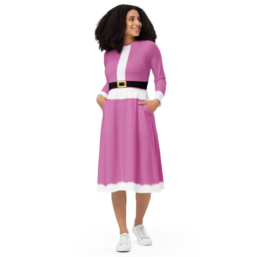 Pink Mrs. Santa Christmas Costume Long Sleeve Midi Dress