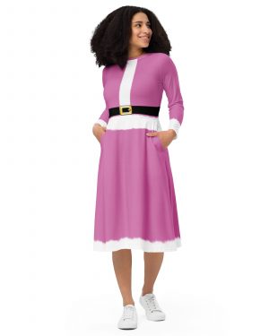 Pink Mrs. Santa Christmas Costume Long Sleeve Midi Dress