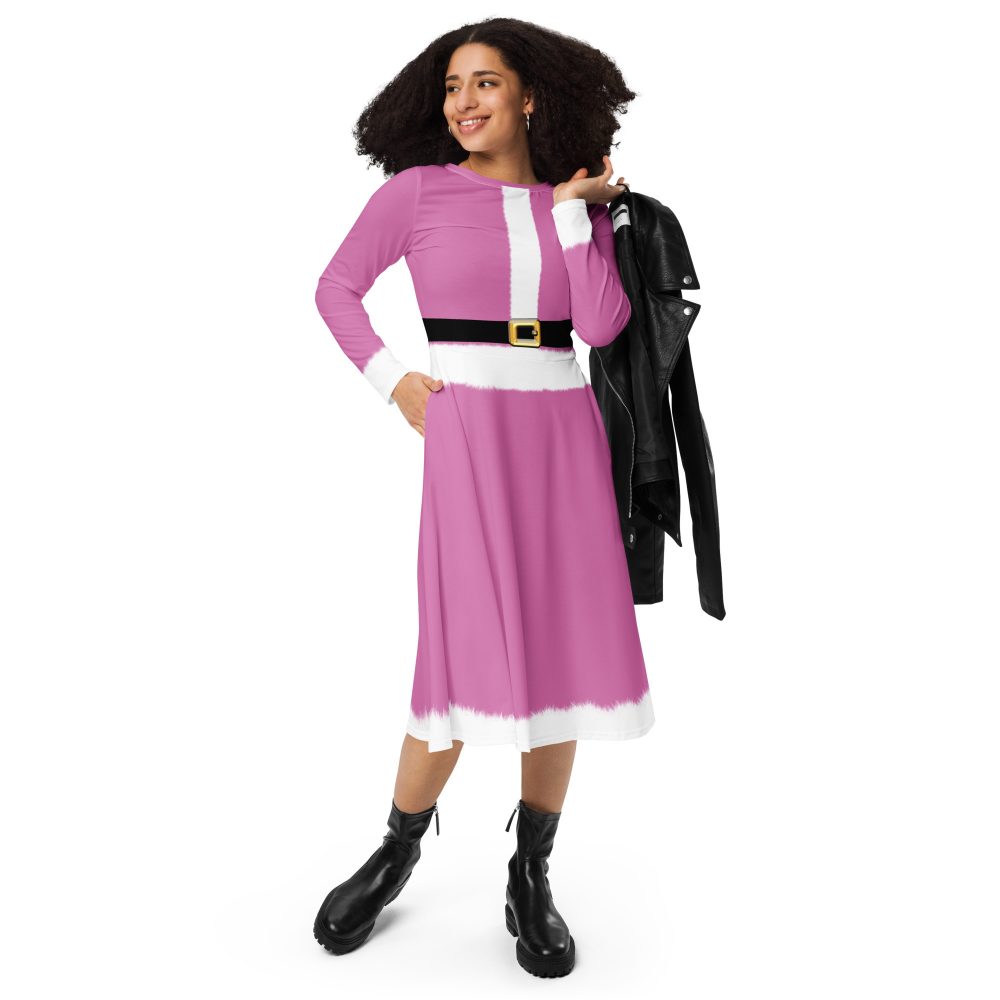 Pink Mrs. Santa Christmas Costume Long Sleeve Midi Dress - Image 2