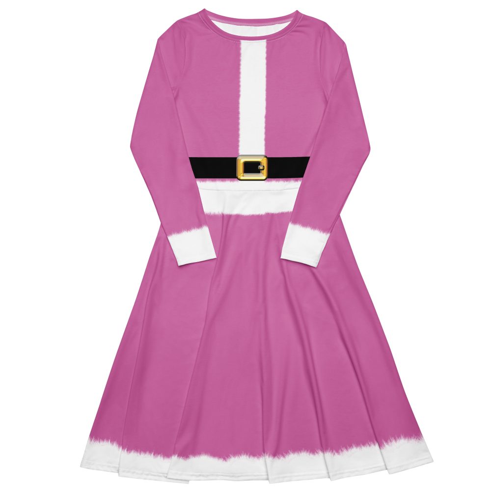 Pink Mrs. Santa Christmas Costume Long Sleeve Midi Dress - Image 3