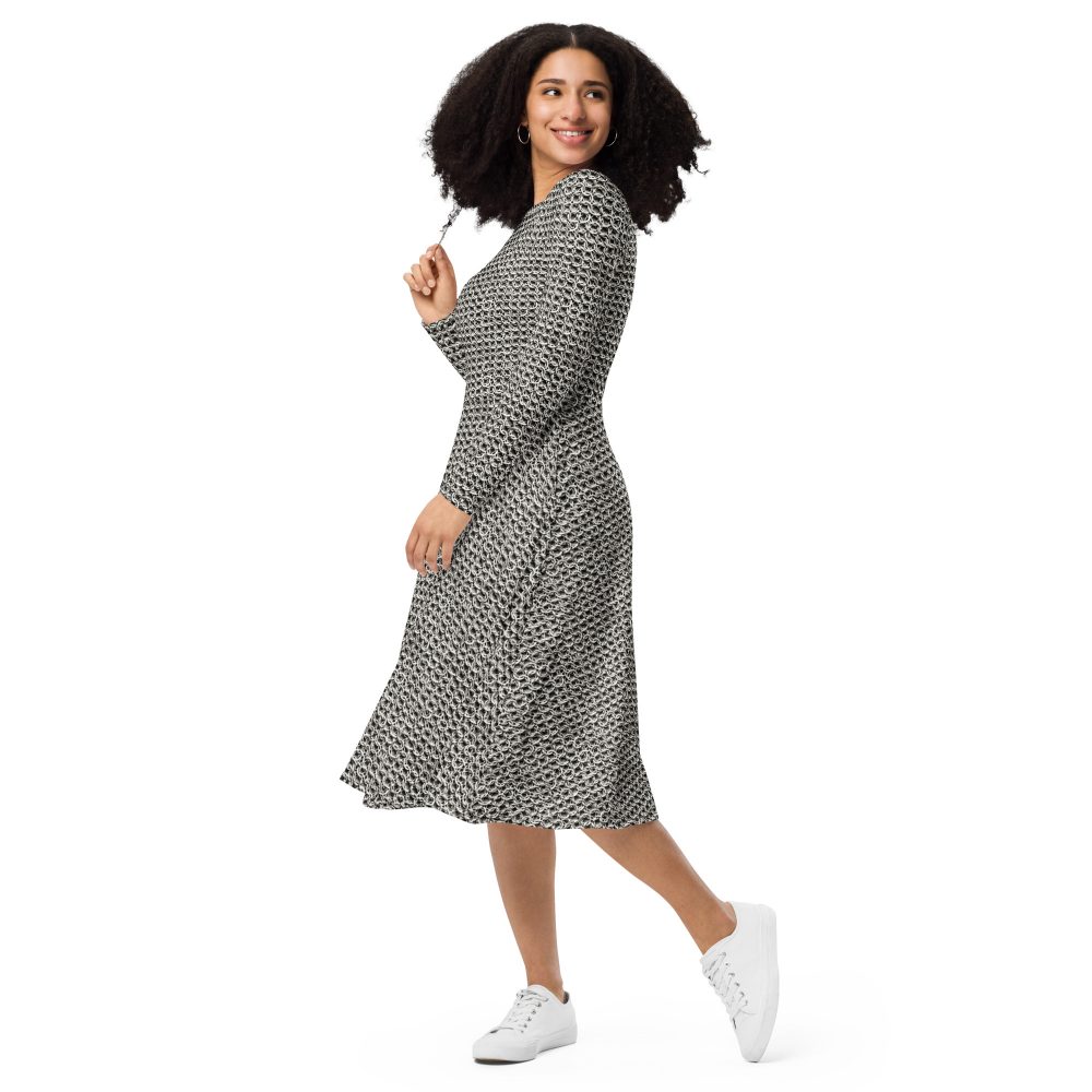 Medieval Chainmail Armor Print Long Sleeve Midi Dress - Image 9