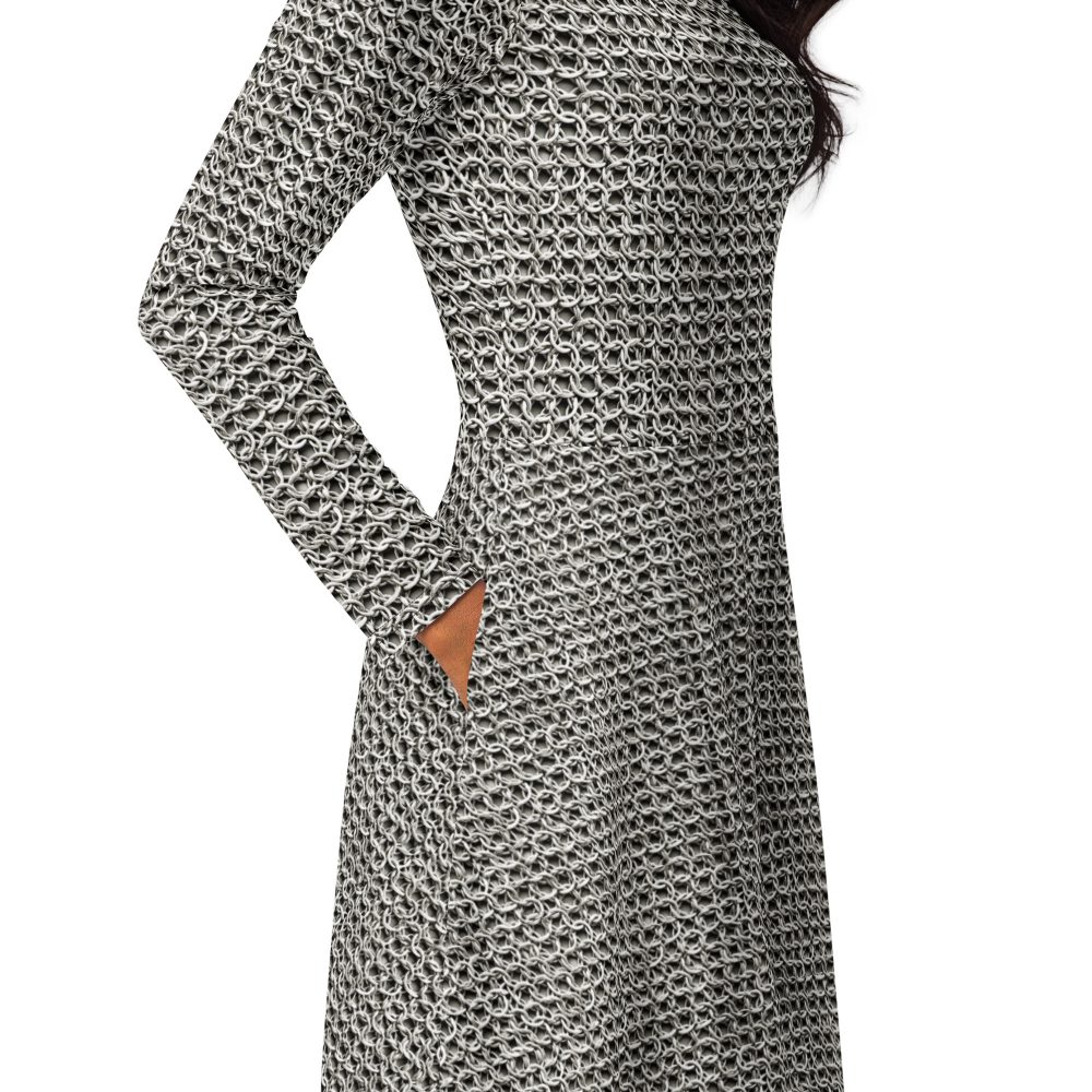 Medieval Chainmail Armor Print Long Sleeve Midi Dress - Image 5