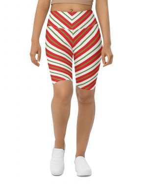 Christmas Festive Striped Red Green Bike Shorts