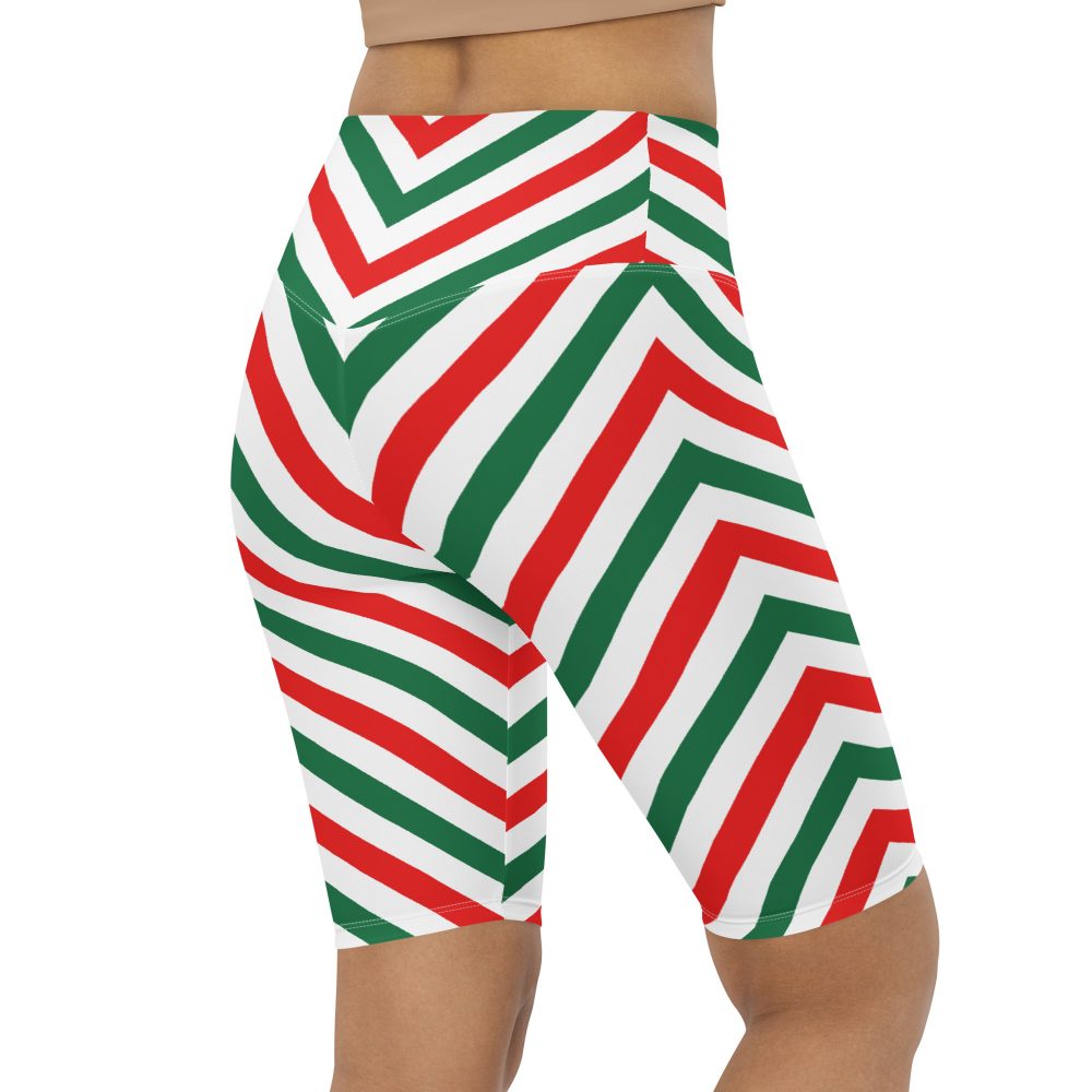 Christmas Candy Cane Striped Red Green Bike Shorts - Image 3