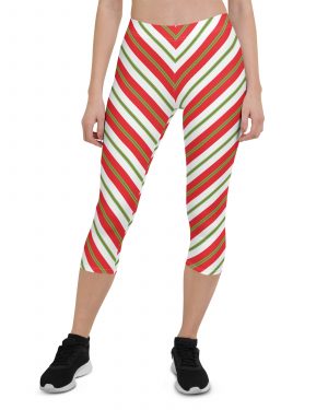 Christmas Festive Striped Red Green Capri Leggings
