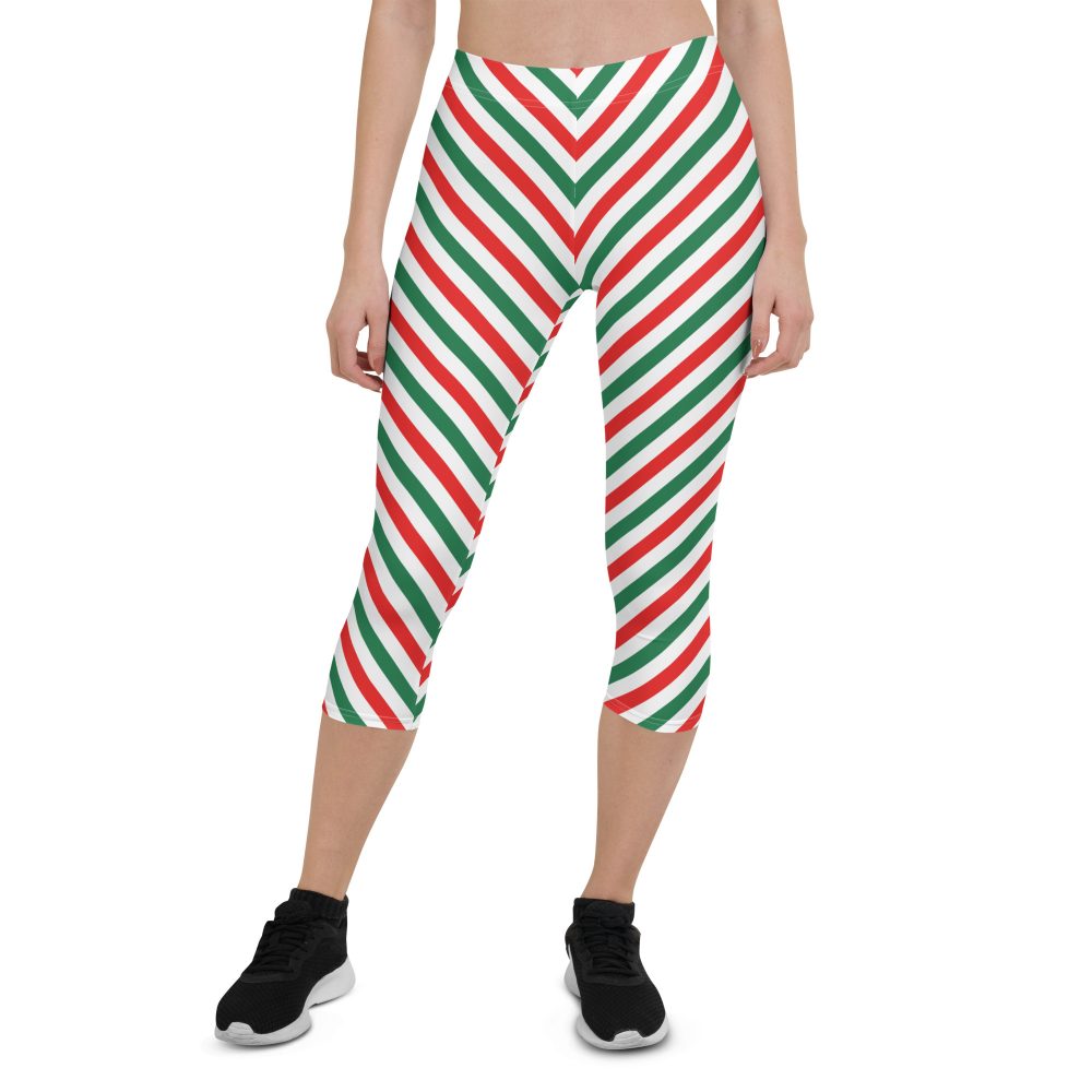 Christmas Candy Cane Striped Red Green Capri Leggings
