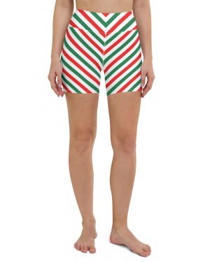 Christmas Candy Cane Striped Red Green Yoga Shorts