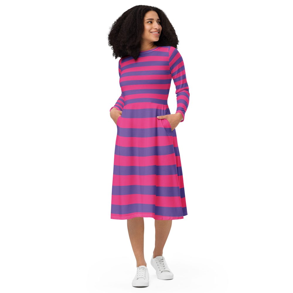 Cheshire Cat Costume Alice in Wonderland Halloween Cosplay Long Sleeve Midi Dress