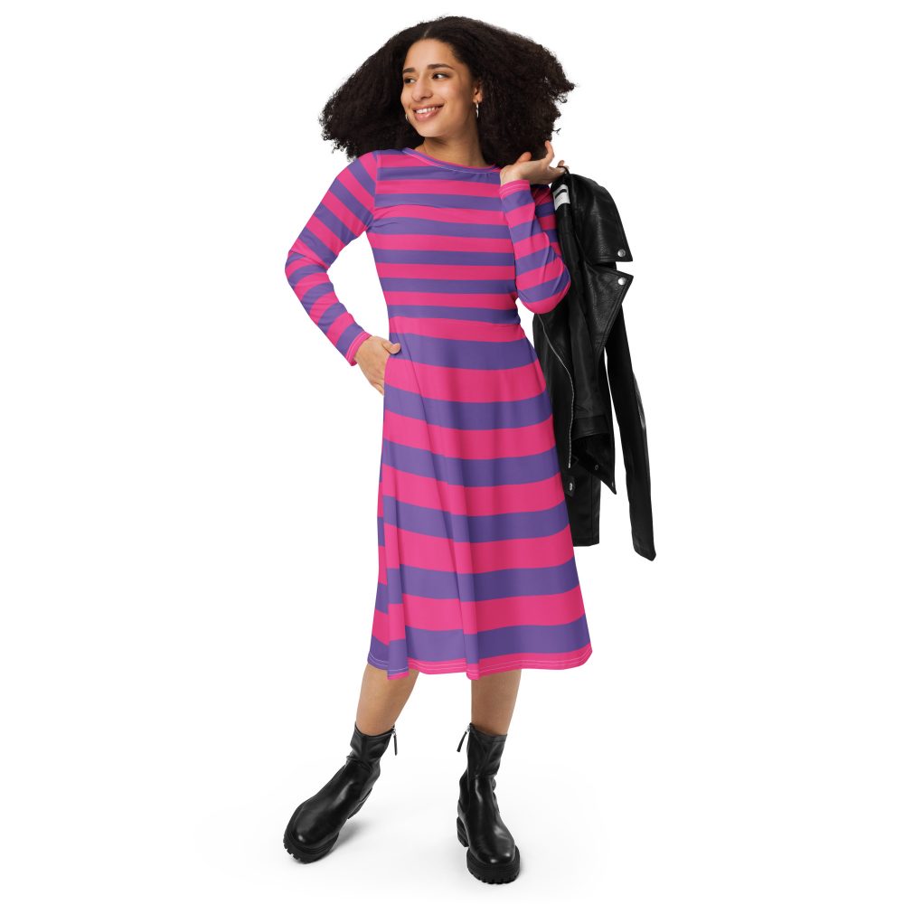 Cheshire Cat Costume Alice in Wonderland Halloween Cosplay Long Sleeve Midi Dress - Image 2