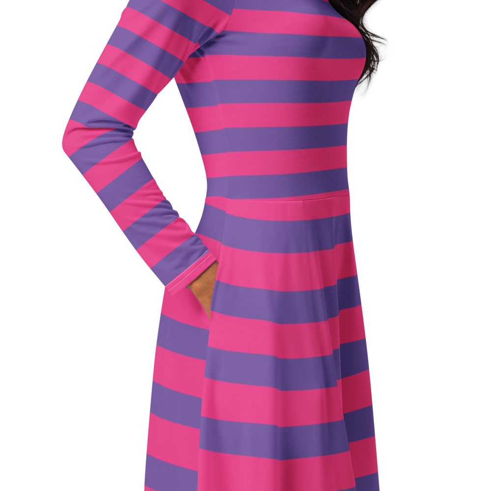 Cheshire Cat Costume Alice in Wonderland Halloween Cosplay Long Sleeve Midi Dress - Image 3